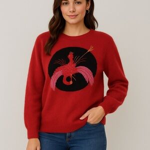 Red Sweater Artistic Embroidered Bird Design Circle - wool & cashmere blend (?)